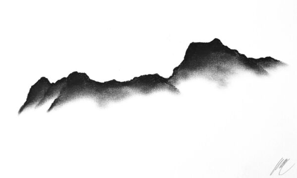original charcoal art by lake district artist Daniel cooper featuring Solitude Form 38 The Langdale Pikes mountain silhouette