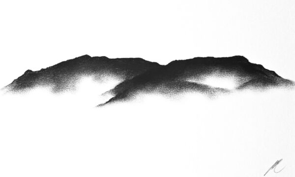 original charcoal art by lake district artist Daniel cooper featuring Solitude Form 44: Old Man of Coniston and Wetherlam from Windermere mountain silhouette