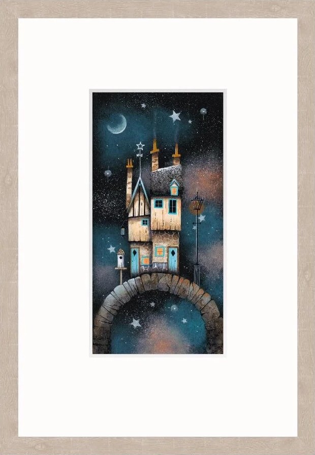 Star Cottage by Gary Walton. A limited edition print. A small cottage placed on a bridge with a starry night background.