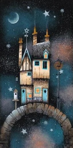 Star Cottage by Gary Walton. A limited edition print. A small cottage placed on a bridge with a starry night background.