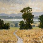 Summertime by Windermere is an original oil painting by Lake District artist Jeff Sudders. In foreground a footpath leads you into Lake Windermere and the Surrounding fells in the distance