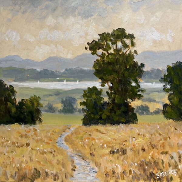 Summertime by Windermere is an original oil painting by Lake District artist Jeff Sudders. In foreground a footpath leads you into Lake Windermere and the Surrounding fells in the distance