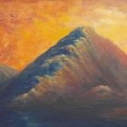Lake district art original mixed media painting Sunset Over Brotherswater by Tim Brown with an orange sky behind a textured mountain.
