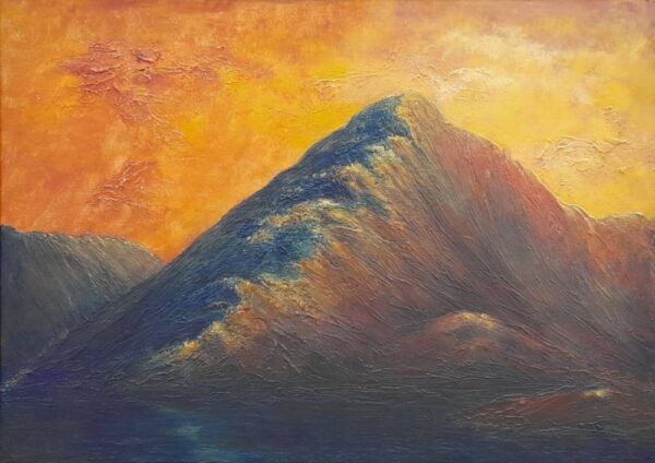 Lake district art original mixed media painting Sunset Over Brotherswater by Tim Brown with an orange sky behind a textured mountain.