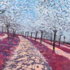 Lake District art framed limited edition print The Cherry Orchard by Libby Edmondson of rows of white blossom trees with shadows cast on a pink striped ground.