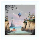 The Lost City by Gary Walton. Limited edition print on canvas. A small seaside village with pink skies and hot air balloon flying by. Lighthouse in the background.