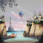 The Lost City by Gary Walton. Limited edition print on canvas. A small seaside village with pink skies and hot air balloon flying by. Lighthouse in the background.