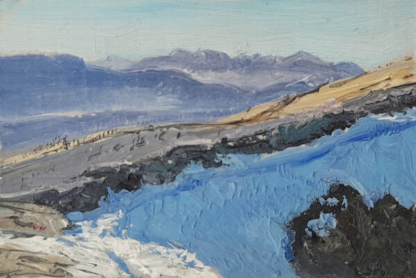Lake District art original oil painting Towards Helvellyn Lower Man by Simon Whitfield a tiny original of a mountain range.