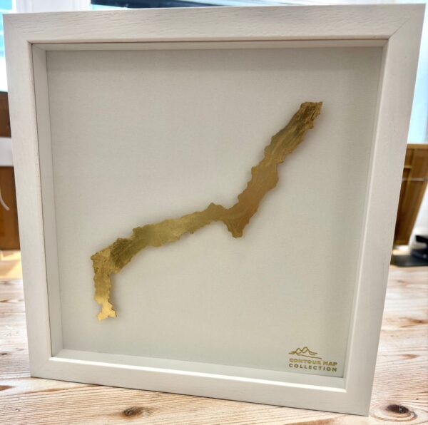 lake district art original 3-D craft design art contour map of Ullswater aerial view cut from one piece of brass and hand polished in a beautiful deep white frame by holly clifford