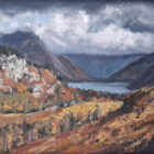 Lake District art original oil painting Wasdale from Irton by Simon Whitfield showing a glimpse of Wastwater.