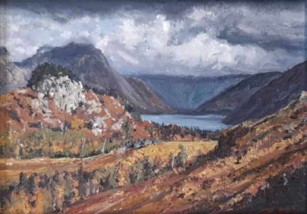 Lake District art original oil painting Wasdale from Irton by Simon Whitfield showing a glimpse of Wastwater.