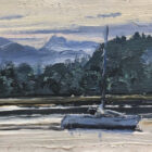 lake district art original oil painting by local artist simon whitfield windermere twilight boat on lake langdale pikes