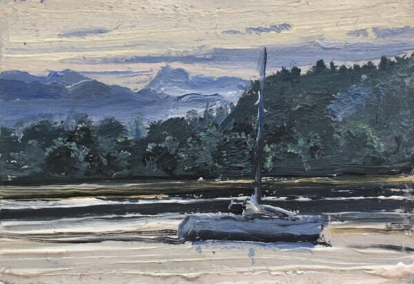 lake district art original oil painting by local artist simon whitfield windermere twilight boat on lake langdale pikes