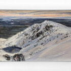 Lake District art original oil painting Winter on Dow Crag by Simon Whitfield in a white frame.
