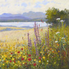 Lake District Art original oil painting A Late Summer Day at Windermere by Jeff Sudders of brightly coloured wildflowers in the foreground with the Langdale Pikes and lake in the distance.