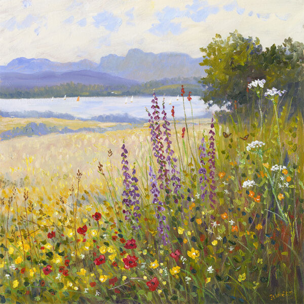 Lake District Art original oil painting A Late Summer Day at Windermere by Jeff Sudders of brightly coloured wildflowers in the foreground with the Langdale Pikes and lake in the distance.