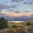 Lake District art original oil painting by Jeff Sudders A Lakeland Evening features a beauitful tranquil sunset with mountains and lake in the distance