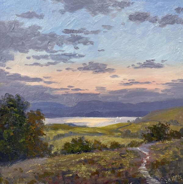 Lake District art original oil painting by Jeff Sudders A Lakeland Evening features a beauitful tranquil sunset with mountains and lake in the distance