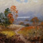 Autumn landscape painting with a winding path, colorful trees, rolling hills, and a cloudy blue-gray sky.