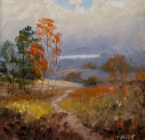 Autumn landscape painting with a winding path, colorful trees, rolling hills, and a cloudy blue-gray sky.