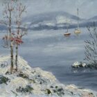 lake district art original oil painting by local artist Jeff Sudders. Featuring a snowy Lake Windermere