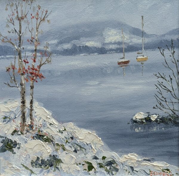 lake district art original oil painting by local artist Jeff Sudders. Featuring a snowy Lake Windermere