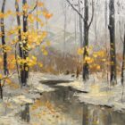 Lake District art original oil painting A Winter Walk by Jeff Sudders of a woodland stream in snowy ground surrounded by trees with yellow leaves.