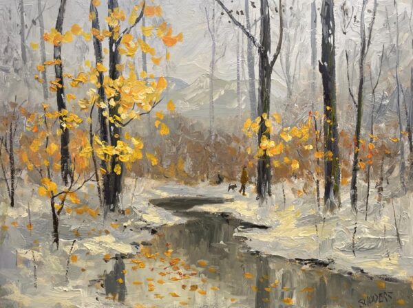 Lake District art original oil painting A Winter Walk by Jeff Sudders of a woodland stream in snowy ground surrounded by trees with yellow leaves.