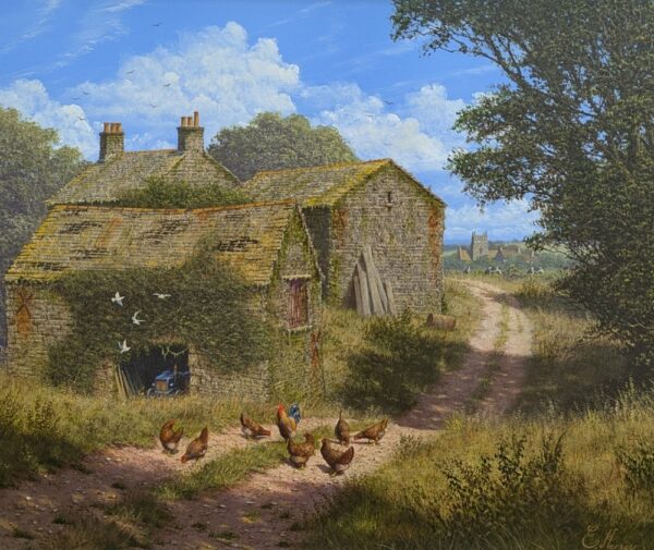 Lake District art original oil painting a wonderful country life by Edward Hersey of a stone barn in the beautiful countryside in summer.