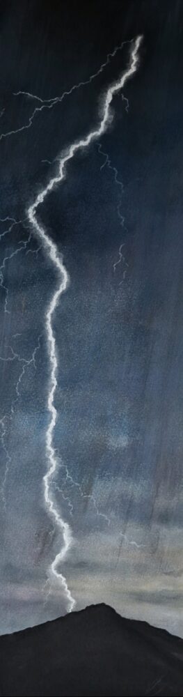 lake district art original charcoal painting of lighting striking over the Old Man of Coniston
