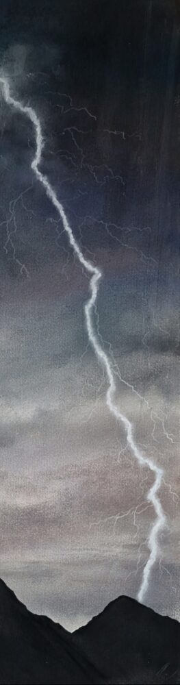 lake district art original charcoal painting of lighting striking over Great Gable