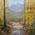 Lake District art original oil painting Autumn in Langdale by Jeff Sudders of the Langdale Pikes visible through trees with yellow leaves that line a footpath.