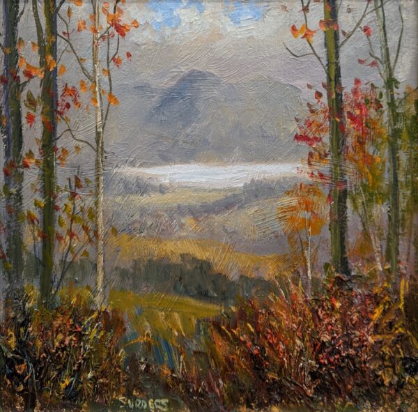 Autumn forest framing distant mountains and a misty valley.