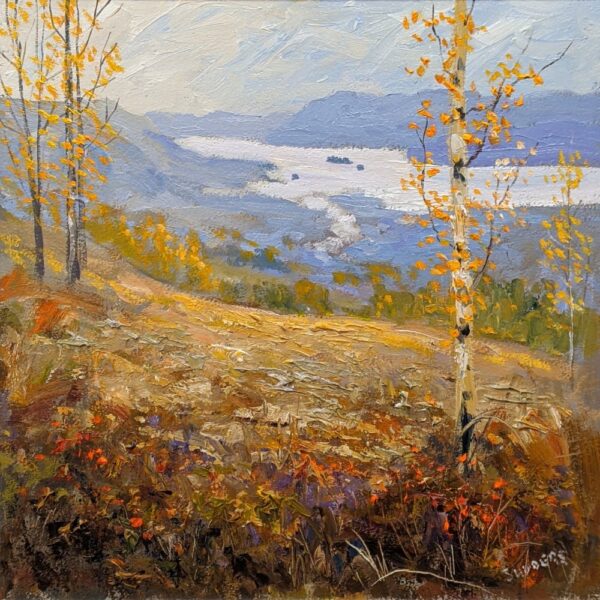 Lake District art original oil painting Autumn Overlooking Windermere by Jeff Sudders of a view of the lake accross orangey yellow meadows and birch trees.