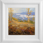 Lake District art original oil painting Autumn Overlooking Windermere by Jeff Sudders in a white wood frame.