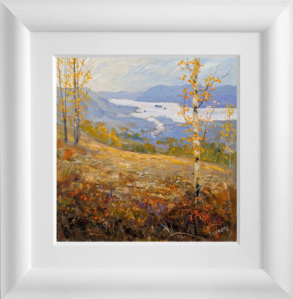 Lake District art original oil painting Autumn Overlooking Windermere by Jeff Sudders in a white wood frame.