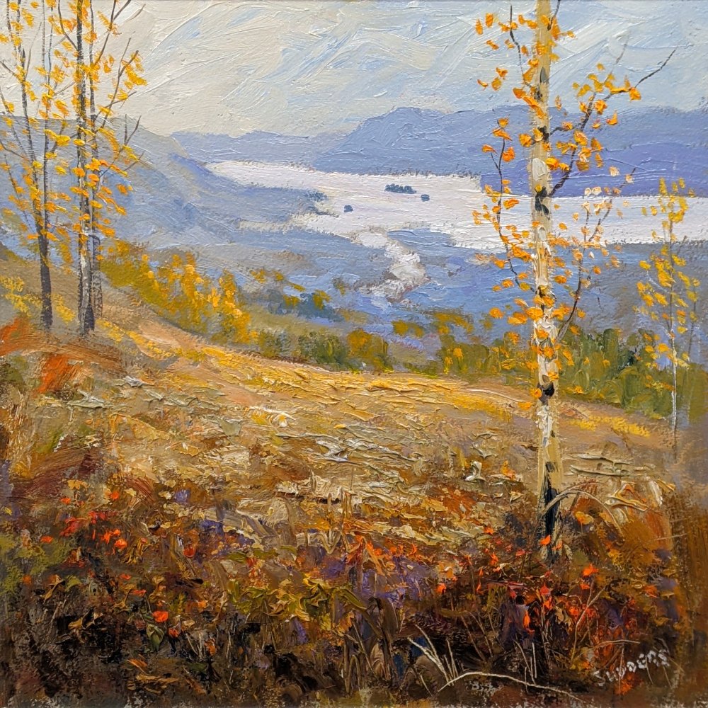 Autumn Overlooking Windermere by Jeff Sudders Lake District art original oil painting Autumn Overlooking Windermere by Jeff Sudders of a view of the lake accross orangey yellow meadows and birch trees.