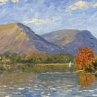 Lake District art original oil painting by Jeff Sudders. Autumn by Derwentwater features a colourful and autumnal shoreline with Catbells and surrounding fells in distance