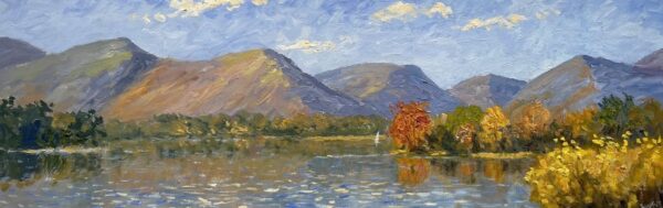 Lake District art original oil painting by Jeff Sudders. Autumn by Derwentwater features a colourful and autumnal shoreline with Catbells and surrounding fells in distance