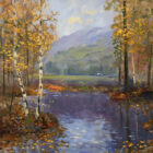 Lake District art local artist Jeff Sudders. autumn colour silver birch and leaves by river rothay towards fells and cottage