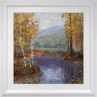Lake District art local artist Jeff Sudders. autumn colour silver birch and leaves by river rothay towards fells and cottage