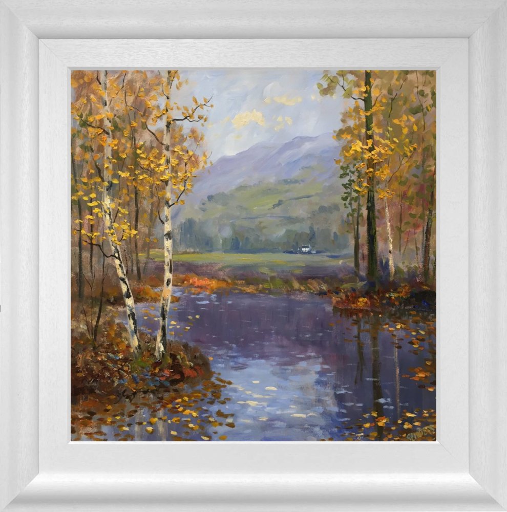 Lake District art local artist Jeff Sudders. autumn colour silver birch and leaves by river rothay towards fells and cottage