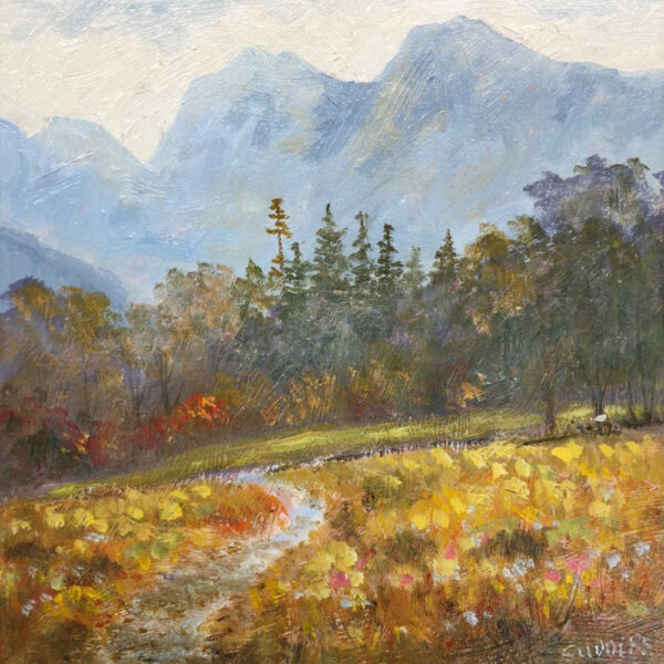 lake district art original oil painting by local artist Jeff Sudders featuring autumn langdale pikes