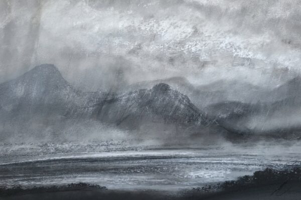 lake district art original charcoal painting of an atmospheric Catbells from Derwentwater