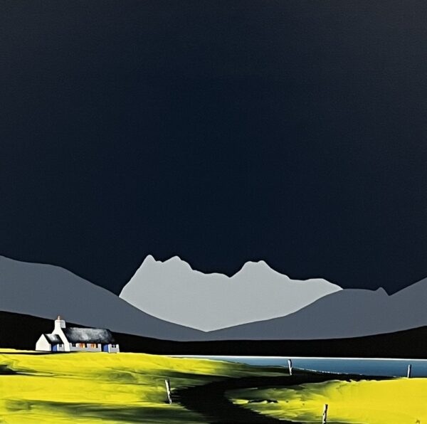 Lake District art original acrylic painting Blea Tarn from Lingmoor Fell by Jay Nottingham with dark blue sky, mountain silhouettes and lime green yellow foreground with white house.