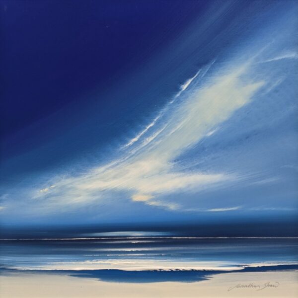 Lake District art original acrylic painting Blue Skies by Jonathan Shaw of a sweeping skyscape over sea and shore in vivid blues and white.