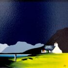 Lake District Art original acrylic painting Bowfell and Crinkle Crag by Jay Nottingham in his dramatic style of mountain silhouettes in blues with a cottage in the foreground.