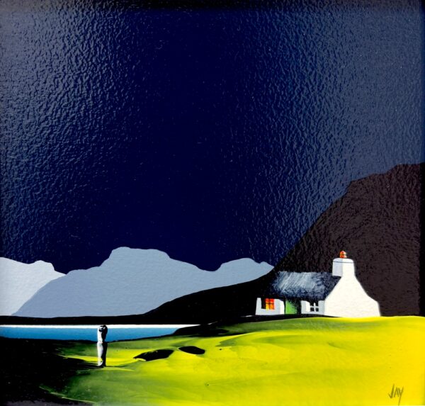 Lake District Art original acrylic painting Bowfell and Crinkle Crag by Jay Nottingham in his dramatic style of mountain silhouettes in blues with a cottage in the foreground.