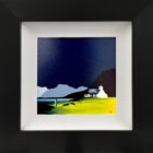 Lake District Art original acrylic painting Bowfell and crinkle crag by Jay Nottingham in his dramatic style of mountain silhouettes in blues with a cottage in the foreground.