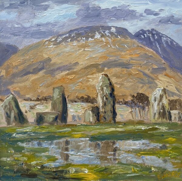 Lake District art original oil painting by Jeff Sudders Castlerigg Stone Circle features the iconic stone circle near Keswick with mountains in the distance